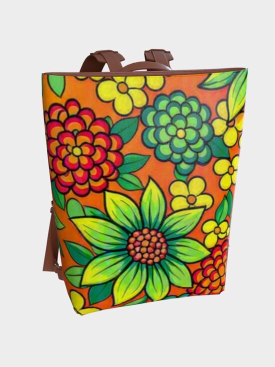 Retro Floral Vegan Leather Backpack | Boho Orange Print Travel Bag | Colorful Sc main image 5